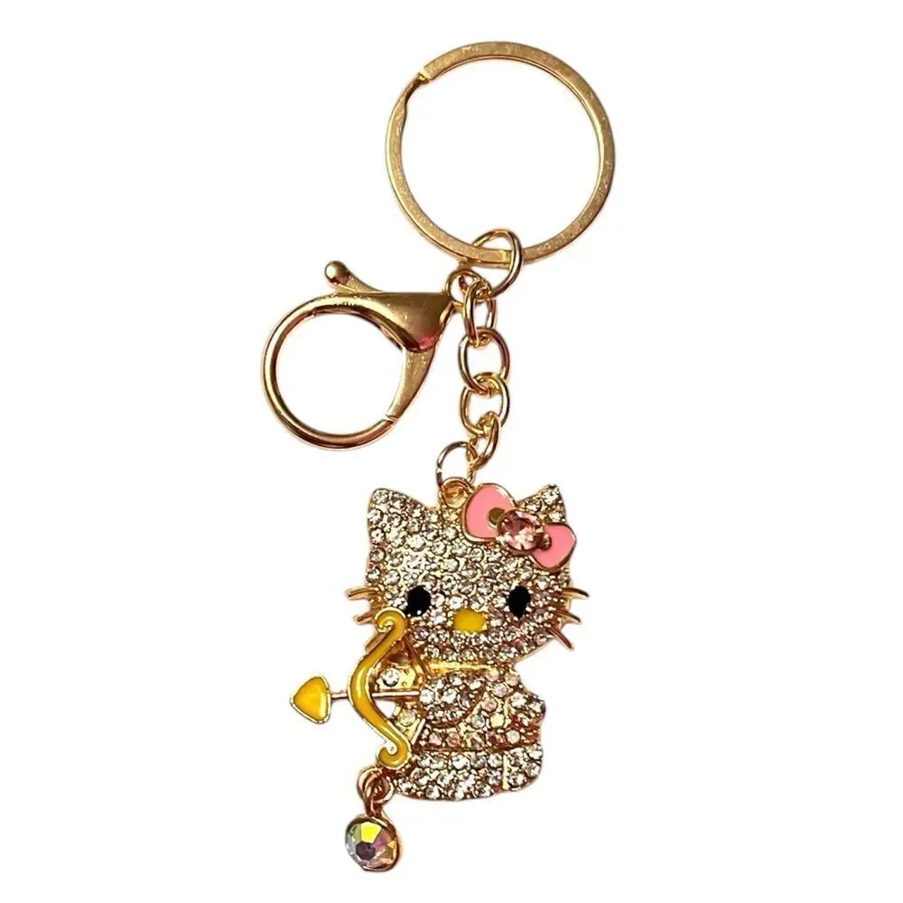 Cute Hello Kitty Cupid AB And Clear Crystal Yellow Bow Keychain